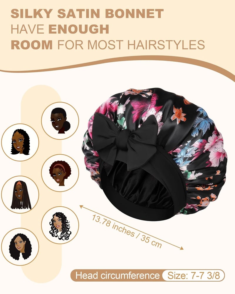 AWAYTR Satin Bonnet for Women Silk Bonnets for Sleeping Curly Hair Bonnet with Elastic Tie Band Reversible Double Layer Sleep Cap Hair Wrap (Rose Red Flowers + Black) - Image 3